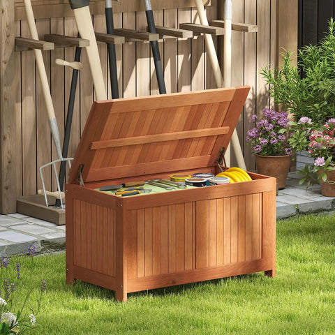 Outdoor Wood Deck Box With Flip Top Bench Go To Patio Storage For Garden And Poolside 52 Gallon Capacity Weatherproof Solid Wood Chest
