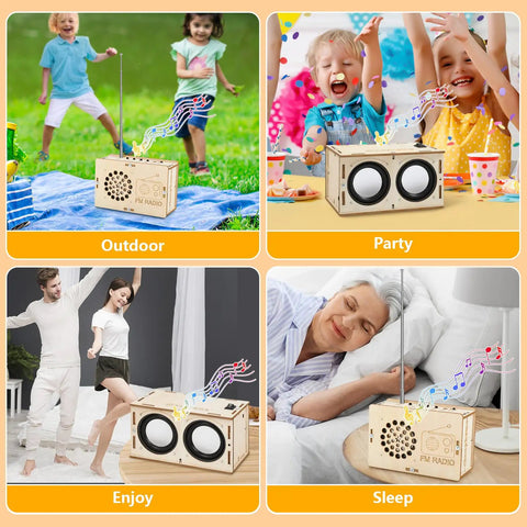 DIY Bluetooth Speaker And FM Radio Kit For Kids Aged 8 To 12 Dope STEM Projects With Easy Assembly shown in various use cases.