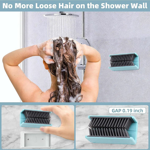 Reusable Silicone Hair Catcher Drain Protector, Bathroom Hair Trap for Shower and Bathtub installed on shower wall with person washing hair.