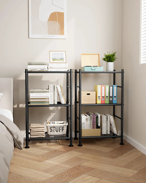 Two Pack 3 Tier Metal Wire Storage Shelves Super Slim Space Saving Rack With Adjustable Feet Pulls Off No Sweat Organizing For Tight Laundry Kitchen Or Garage Corners Compact Vertical Rack Black