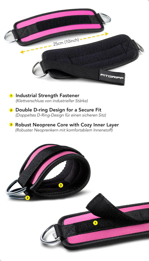 Heavy Duty Ankle Straps For Cable Machine Dual Pack Gym Workout Gear Designed For Serious Leg Development And Knockout Glute Activations Clutch Pulley Harness In Pink, showing industrial strength fastener and double D-ring design.