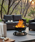 Lit Propane Fire Pit Smokeless 58000 BTU 19 Inch Outdoor Portable Fire Table With Auto Ignition on patio with seating