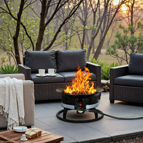 Lit Propane Fire Pit Smokeless 58000 BTU 19 Inch Outdoor Portable Fire Table With Auto Ignition on patio with seating