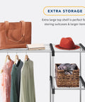 Double Rod Freestanding Closet Organizer With Five Shelves in silver steel holding clothes, bag, hat, and basket.