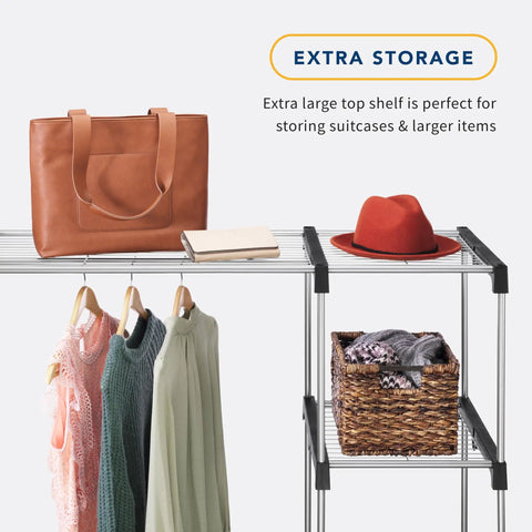 Double Rod Freestanding Closet Organizer With Five Shelves in silver steel holding clothes, bag, hat, and basket.