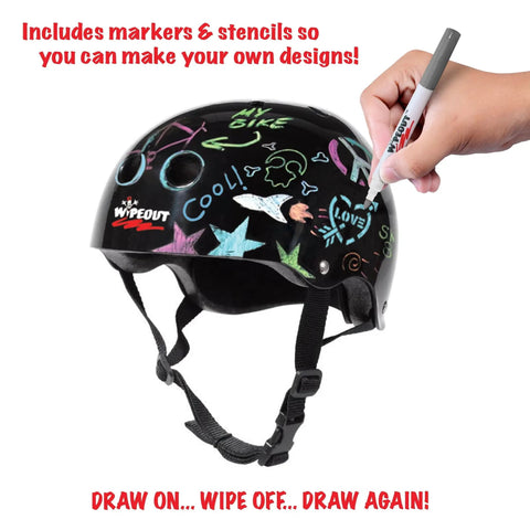 Dry Erase Kids Helmet For Bike, Skate, Scooter And Inline Skating With Neon Markers And Stencil Kit, Customizable Art