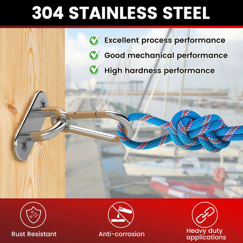 Tough As Nails Heavy Duty 304 Stainless Steel Pad Eye Snap Hooks For Ceiling Mounts M5 Threading 500 Lb Weight Capacity Rust Resistant Hardware 8 Pack For Outdoor Jobs, showing a snap hook fastening a rope to a wooden mount.