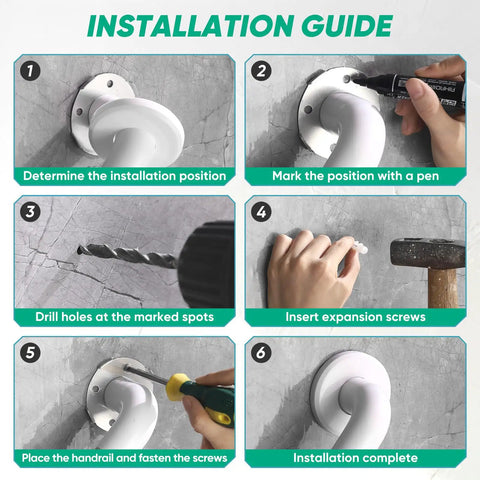 Installation guide steps for Wall Mounted Stair Handrail With Grippy Abs Cover And Solid Stainless Core For Indoor Outdoor Use.