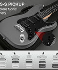 39 Inch Electric Guitar Bundle With HSS Pickups And Tremolo System Plug And Play Starter Kit with control settings displayed.