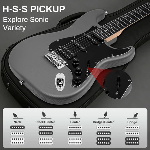 39 Inch Electric Guitar Bundle With HSS Pickups And Tremolo System Plug And Play Starter Kit with control settings displayed.