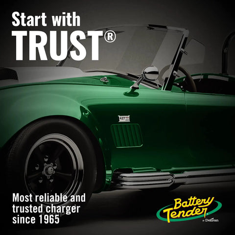 Close-up of a classic green sports car with chrome details, featuring 'Start with TRUST®' branding.