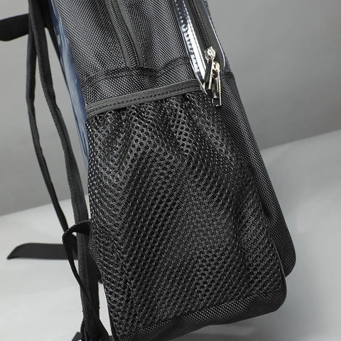 Close-up of the mesh side pocket of the Slick Clear PVC Tool Backpack For Cleanroom Engineers Hauling Laptops And Essential Kits With Cushioned Straps And Reinforced Handles Crafted For The Daily Grind And Quick On The Go Mobility.