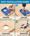 Heavy Duty 35mm Concealed Cabinet Door Hinge Drill Jig Kit With Forstner Guide Template installation guide showing marking, drilling, and mounting steps.