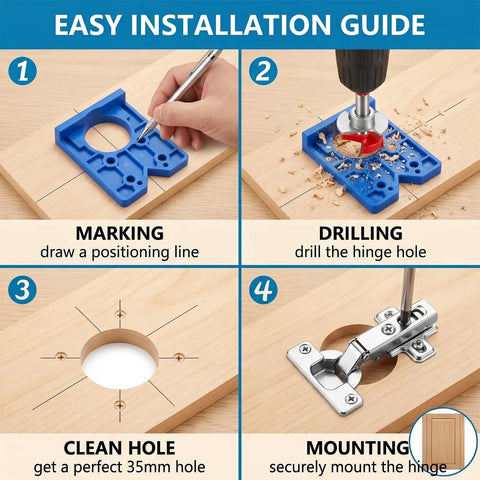 Heavy Duty 35mm Concealed Cabinet Door Hinge Drill Jig Kit With Forstner Guide Template installation guide showing marking, drilling, and mounting steps.