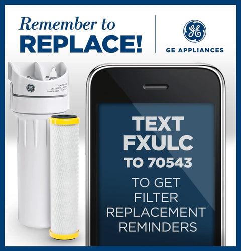 Top Notch Single Stage Drinking Water System Replacement Filter For GX1S01R shown with reminder for filter replacement text on phone.