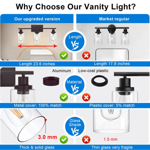 Comparison of Three Light Vanity Light In Oil Rubbed Bronze, Industrial Wall Sconce With Clear Glass Shades, modern farmhouse style.
