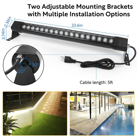 Outdoor Wall Washer Light Bar Pair 36W 5000K Daylight White LED Linear Lighting 2ft 120V showcasing installation options.