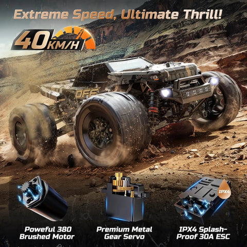 All Terrain RC Monster Truck With 4WD Power, Waterproof Off Road Electric Car showing speed and durability on rocky terrain
