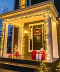 Warm White 300 LED Christmas String Lights With Clear Wire For Indoor Outdoor Use Waterproof Durable Eight Modes Including Sequential And Chase Effects For Steady Glow Plug In Fairy Lights for porch postal with presents and wreath
