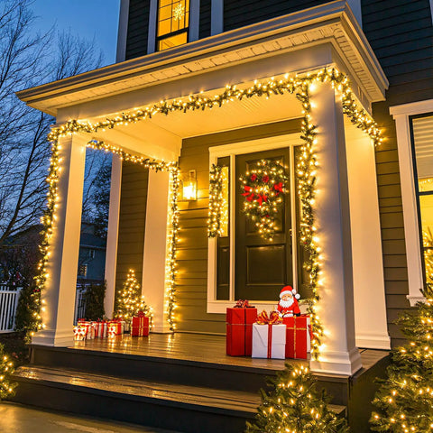 Warm White 300 LED Christmas String Lights With Clear Wire For Indoor Outdoor Use Waterproof Durable Eight Modes Including Sequential And Chase Effects For Steady Glow Plug In Fairy Lights for porch postal with presents and wreath