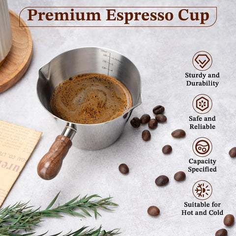 Espresso Shot Cup With Wood Handle, 6.8 Oz Stainless Steel Measuring Cup For Barista Grade Cappuccino, shown with coffee.