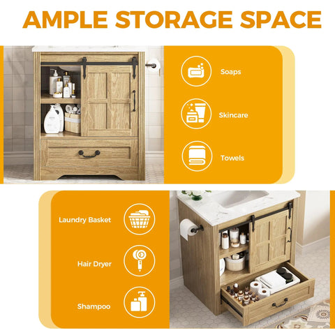 Slick 30 Inch Bathroom Vanity With Integrated Sink And Smooth Sliding Barn Door Modern Farmhouse Bathroom Cabinet Offering Real Deal Soft Close Drawer And Sick Storage Space For A Clutter Free Setup