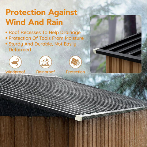 Heavy Duty Steel Garden Shed With Lockable Door And Clear Window detail of sloped roof in rain, protection features displayed