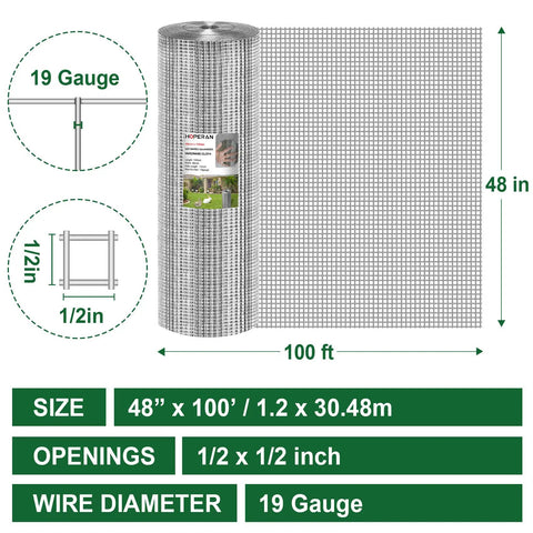 Hardcore Half Inch Hardware Cloth Roll 19 Gauge 48x100 Ft Galvanized After Welding For Garden Fencing product dimensions