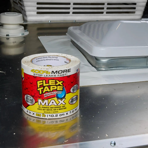 Original Thick Rubberized Waterproof Tape That Seals Leaks And Patches Underwater Works Indoors Or Outdoors White 8 In By 25 Ft Heavy Duty Tape For Roofs Pools RVs And More UV Resistant And Temperature Tough displayed on metal surface