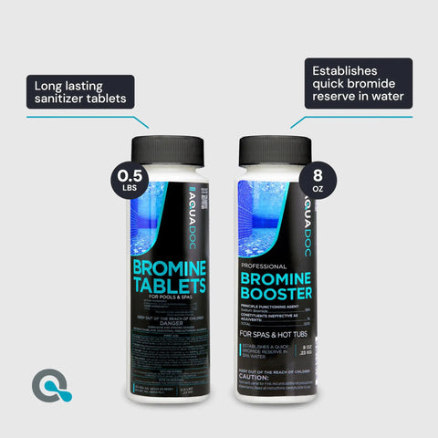 Complete Bromine Spa Starter Kit For Hot Tubs With Bromine Tablets and Bromine Booster bottles on display.