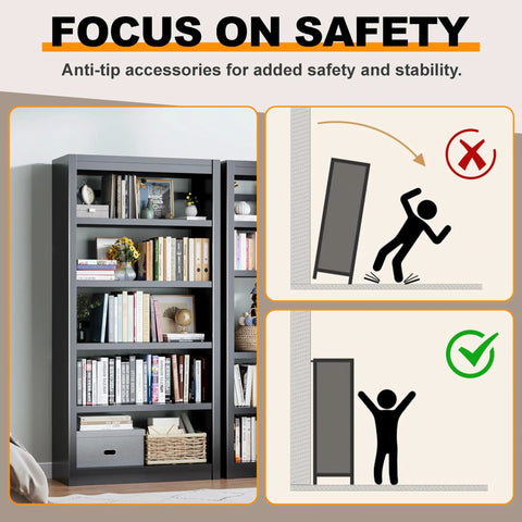 Heavy Duty 69 Inch Tall Metal Bookshelf Five Tier Adjustable Bookshelf In Black Finish For Home Office Storage with safety tips