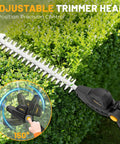 Cordless Pole Hedge Trimmer With 14-Foot Reach And 18-Inch Cutting Head in use on tall hedge, showcasing adjustable head and precision control.