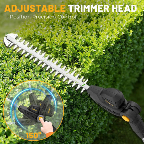 Cordless Pole Hedge Trimmer With 14-Foot Reach And 18-Inch Cutting Head in use on tall hedge, showcasing adjustable head and precision control.