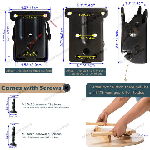 Heavy Duty Fold Down Hinges Built Tough Self Locking Leg Brackets Corner Supports For Folding Tables And Desk Extensions In Garages Kitchens Or Rv Set Of 2 with measurements and assembly details.