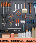 16 Pack Pegboard Pliers Holder Set in Black Stainless Steel for Garage Organization, tools organized on pegboard