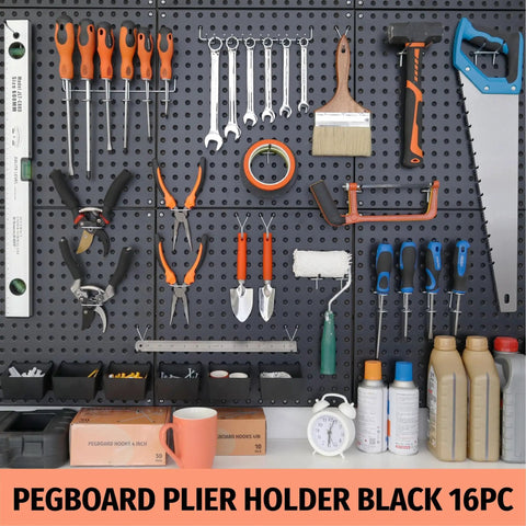 16 Pack Pegboard Pliers Holder Set in Black Stainless Steel for Garage Organization, tools organized on pegboard