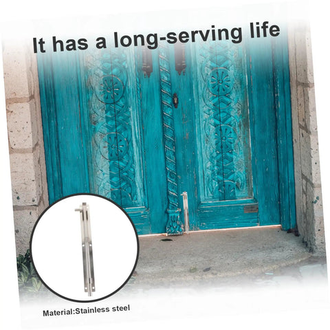 Heavy Duty Stainless Steel Sliding Gate Latch And Barn Shed Door Security Bar shown on decorative blue wooden doors.