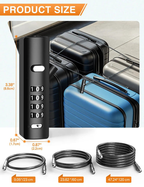 4 Digit Combination Cable Lock Set With 3 Replaceable Steel Cables For Gate Bike And Luggage Resettable Keyless Cable Lock In Grey Two Pack Easy No Hassle Security On The Go with luggages and cable sizes shown
