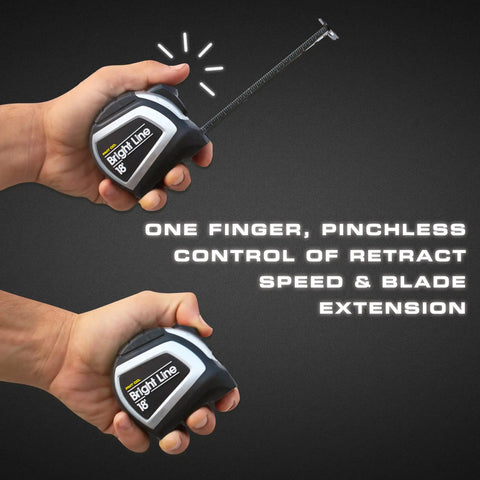 Hands holding High Contrast Easy Read Tape Measure For Low Light With Dual Sided Auto Lock Retractable 18 Feet Heavy Duty Rubber Case