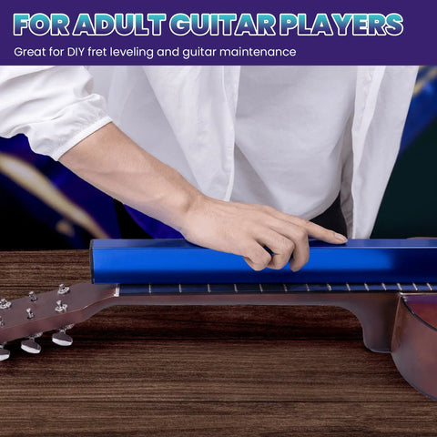 18 Inch Fret Leveling Beam Guitar Fret Leveler Kit With Complete Tool Set used on guitar neck by person in white shirt