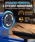 Benchtop wood lathe in blue with tool rest and rotating faceplate; 400 W motor and 2600 RPM max