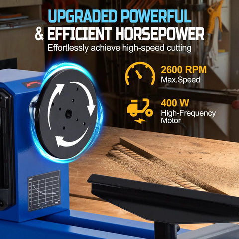 Benchtop wood lathe in blue with tool rest and rotating faceplate; 400 W motor and 2600 RPM max