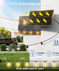 200 Foot Solar String Lights Outdoor Waterproof With Remote Control, solar panel and bulbs displayed on house exterior setup