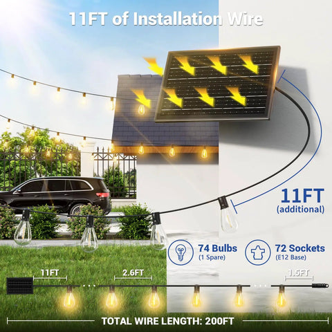 200 Foot Solar String Lights Outdoor Waterproof With Remote Control, solar panel and bulbs displayed on house exterior setup