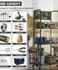 Garage Fishing Rod Storage Rack With Pegboard Hooks Three Tier Anti Drop Design Up To Ten Rods Lockable Wheels No Fuss Heavy Duty Tackle Gear Organizer Ideal For Tackle Storage And Organization Of Baits Reels And Accessories on dock filled with fishing equipment.