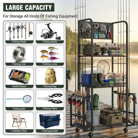 Garage Fishing Rod Storage Rack With Pegboard Hooks Three Tier Anti Drop Design Up To Ten Rods Lockable Wheels No Fuss Heavy Duty Tackle Gear Organizer Ideal For Tackle Storage And Organization Of Baits Reels And Accessories on dock filled with fishing equipment.