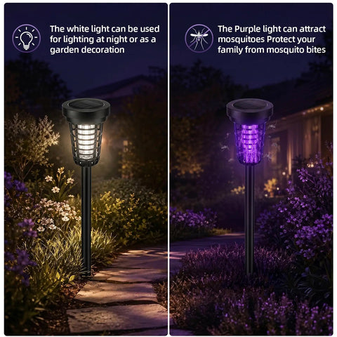 Solar Powered Outdoor Bug Zapper With IP66 Waterproof Build Go-To Backyard Mosquito Trap And Killer placed in garden at night