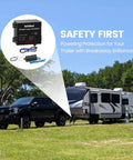 Built Tough Rock Solid Breakaway Brake Kit For RV And Travel Trailer Towing displayed with truck and trailer in grassy area
