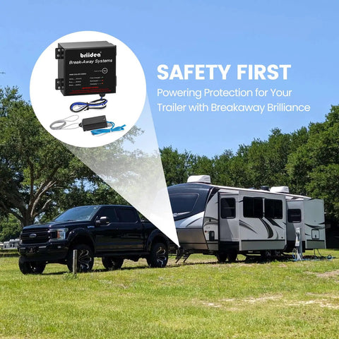 Built Tough Rock Solid Breakaway Brake Kit For RV And Travel Trailer Towing displayed with truck and trailer in grassy area