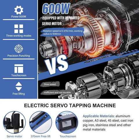 Rock Solid Electric Servo Tapping Machine M3 To M16 Nails Any Thread In One Shot With 360 Degree Universal Head 600W Motor And Adjustable Pitch Plus Double Torque Protection Includes Nine Ansi Collets For 110V Shop Hustle features 600W servo motor and touchscreen controls.